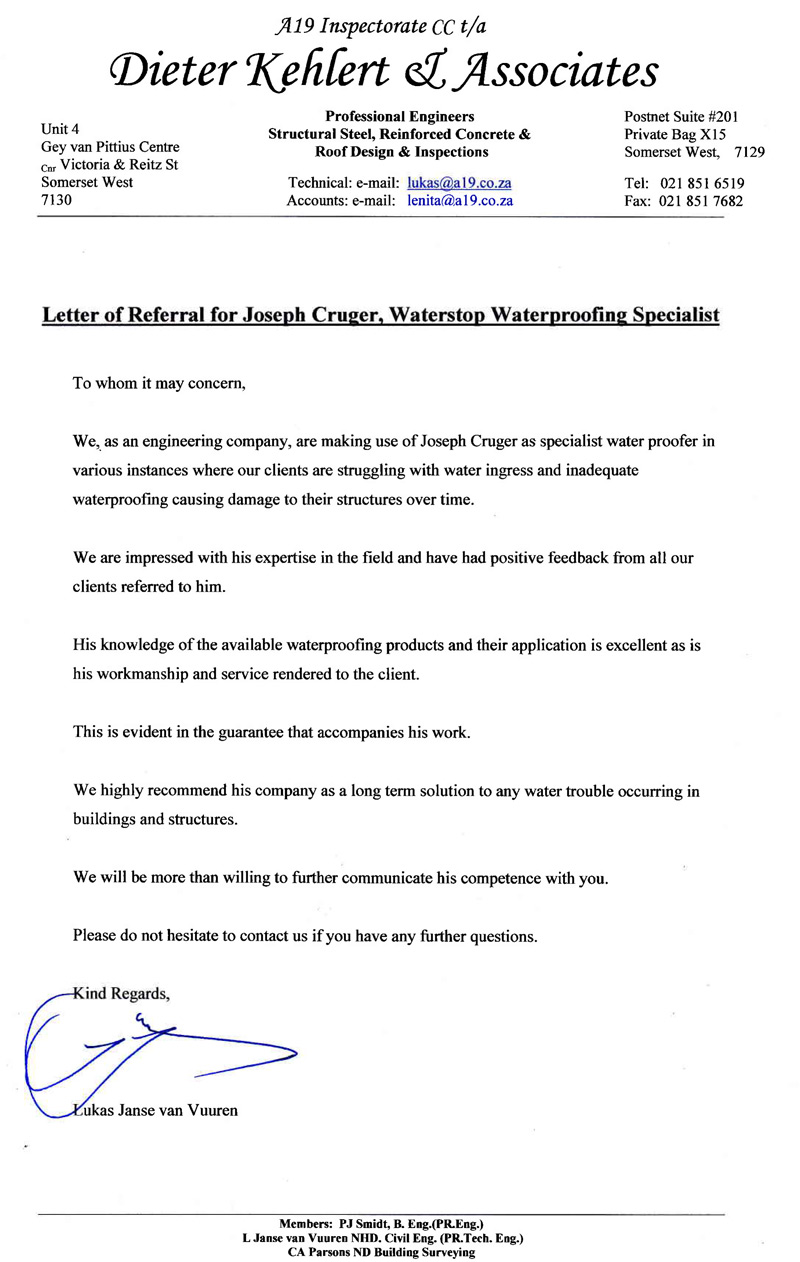 Waterproofing testimonial Waterstop.co.za